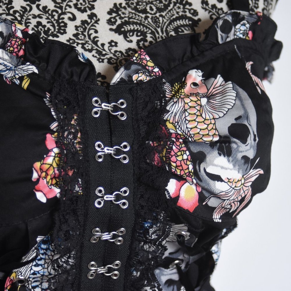 Royal Bones Skull and Koi Fitted Corset Top w/Hook Eye Closure Large - Picture 5 of 10